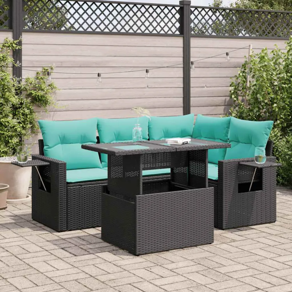 5-delige Loungeset met kussens poly rattan acacia zwart vidaXL