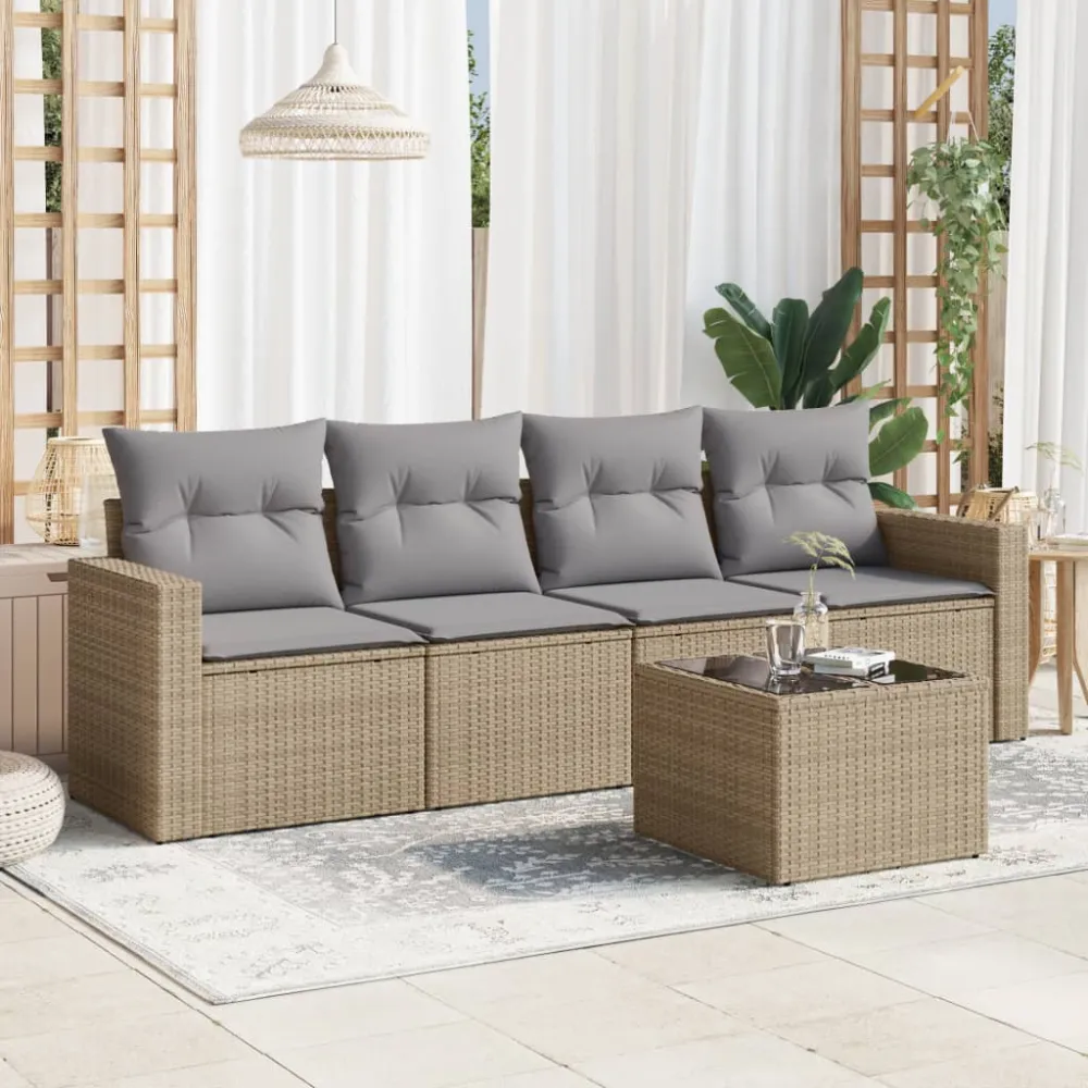 5-delige Loungeset met kussens poly rattan beige vidaXL