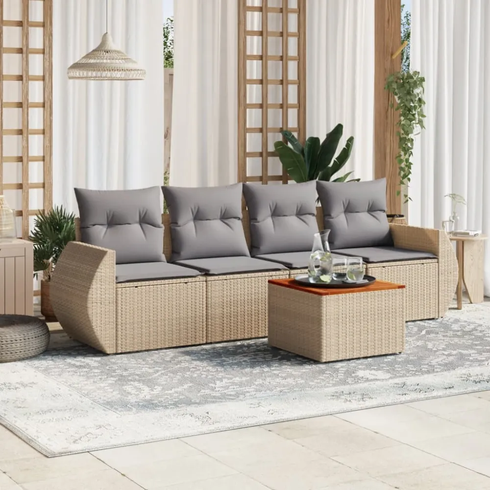5-delige Loungeset met kussens poly rattan beige vidaXL