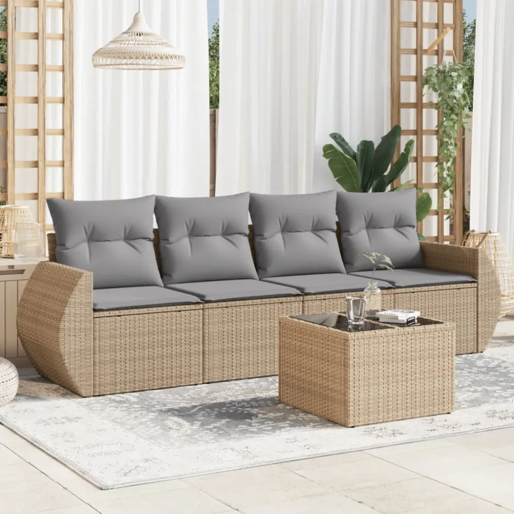 5-delige Loungeset met kussens poly rattan beige vidaXL