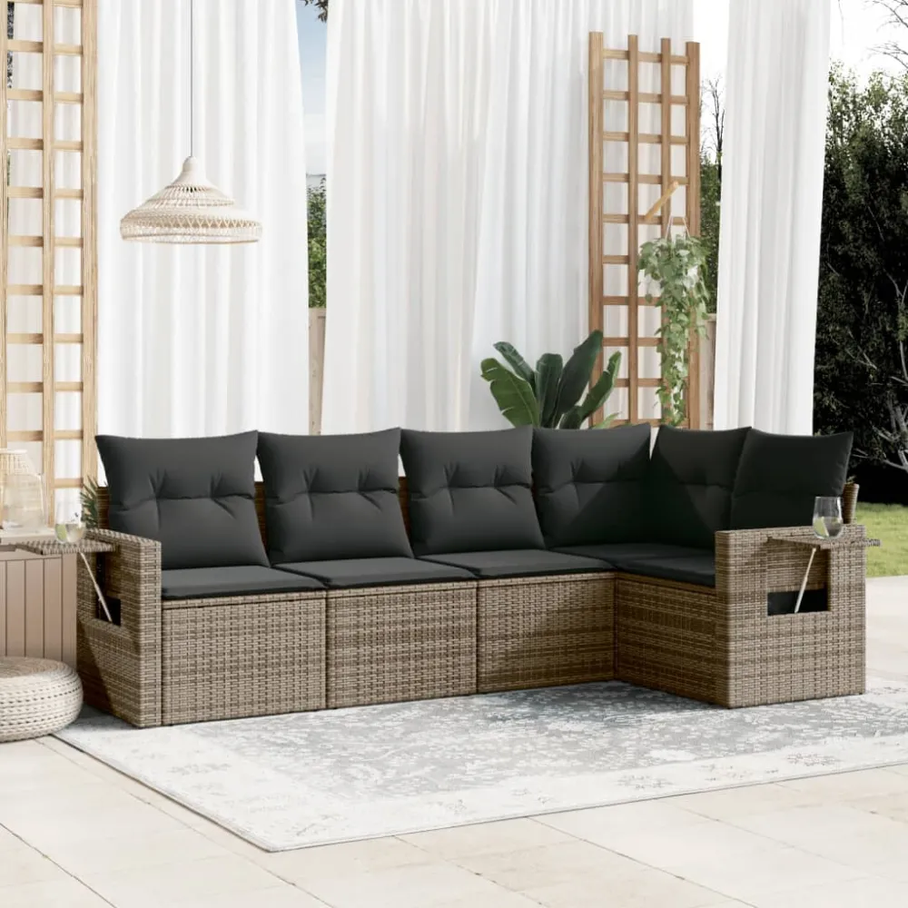 5-delige Loungeset met kussens poly rattan grijs vidaXL