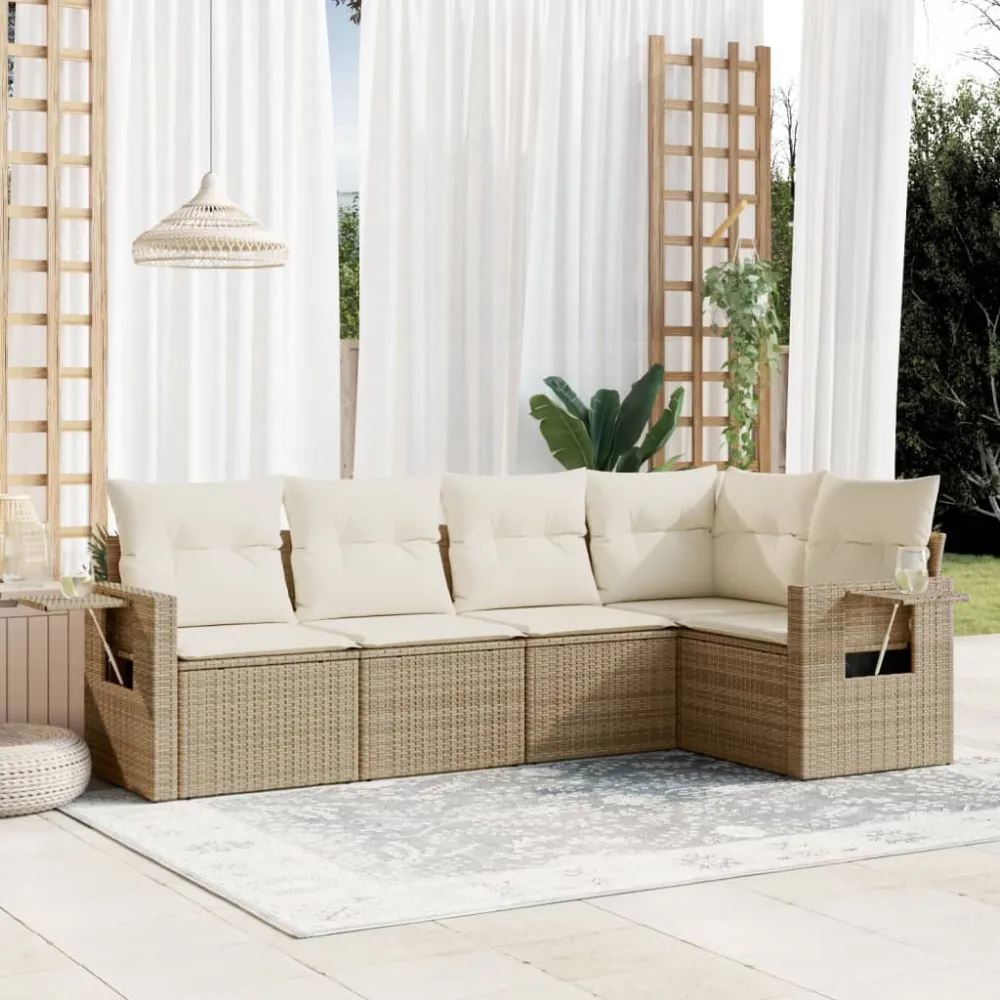 5-delige Loungeset met kussens poly rattan beige vidaXL