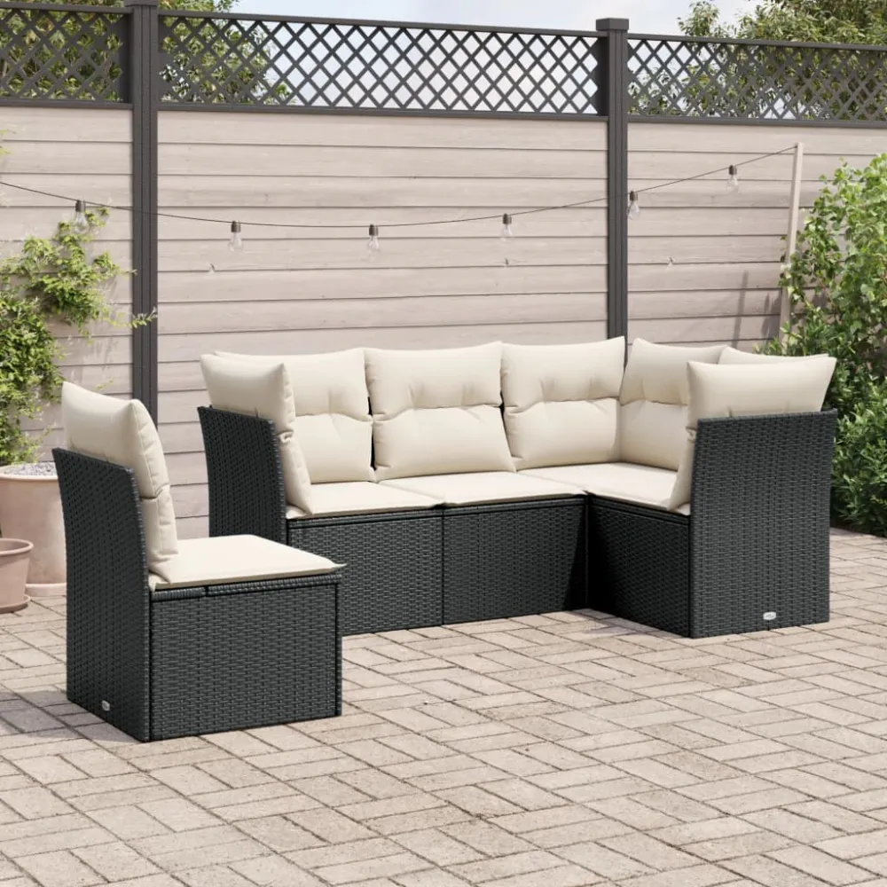 5-delige Loungeset met kussens poly rattan zwart vidaXL
