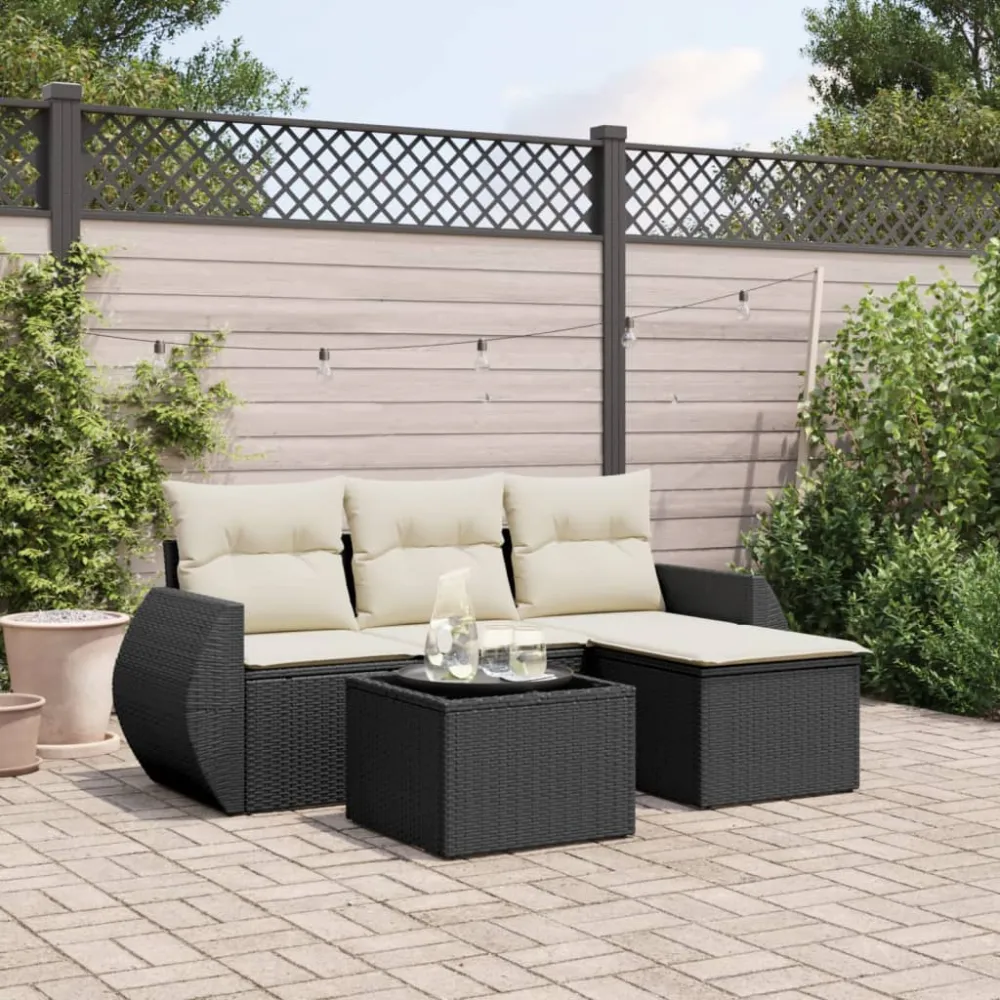 5-delige Loungeset met kussens poly rattan zwart vidaXL