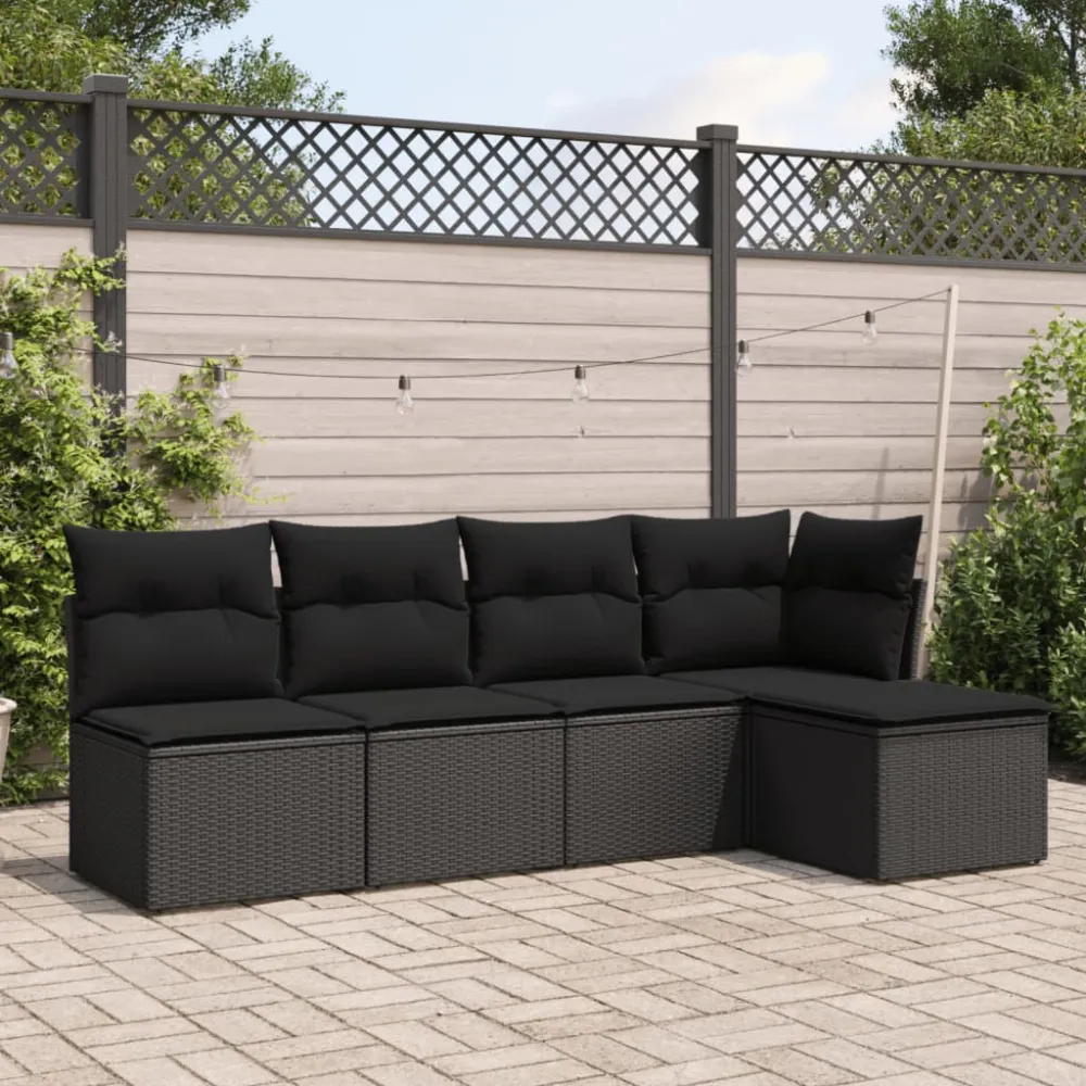 5-delige Loungeset met kussens poly rattan zwart vidaXL