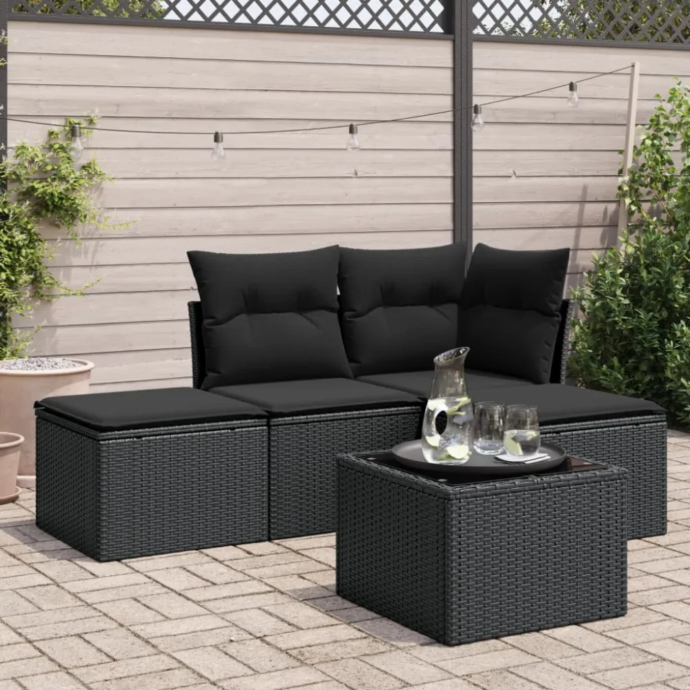 5-delige Loungeset met kussens poly rattan zwart vidaXL