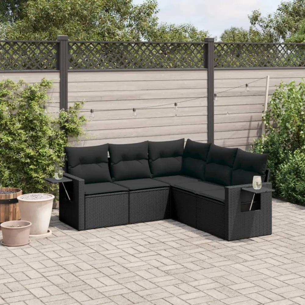 5-delige Loungeset met kussens poly rattan zwart vidaXL