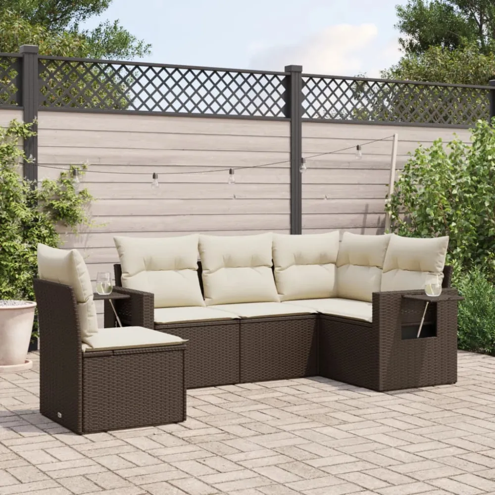 5-delige Loungeset met kussens poly rattan bruin vidaXL