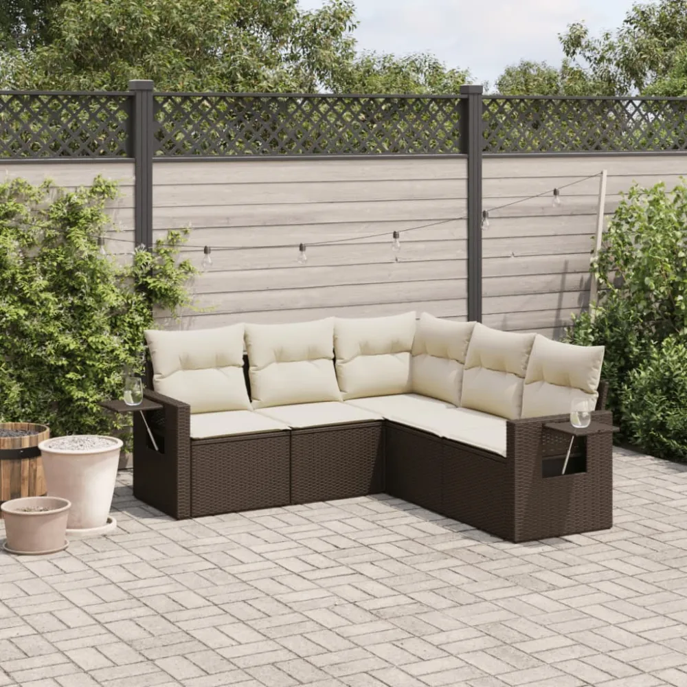 5-delige Loungeset met kussens poly rattan bruin vidaXL