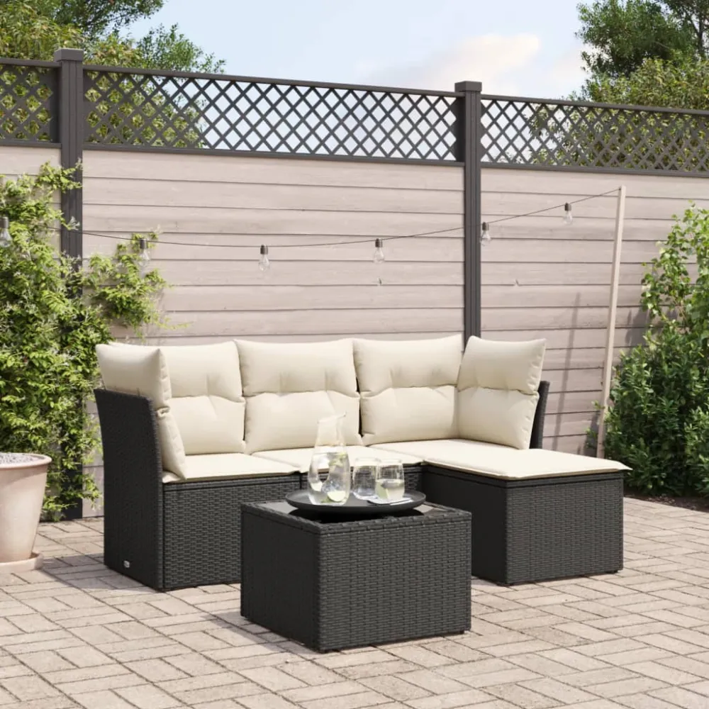 5-delige Loungeset met kussens poly rattan zwart vidaXL