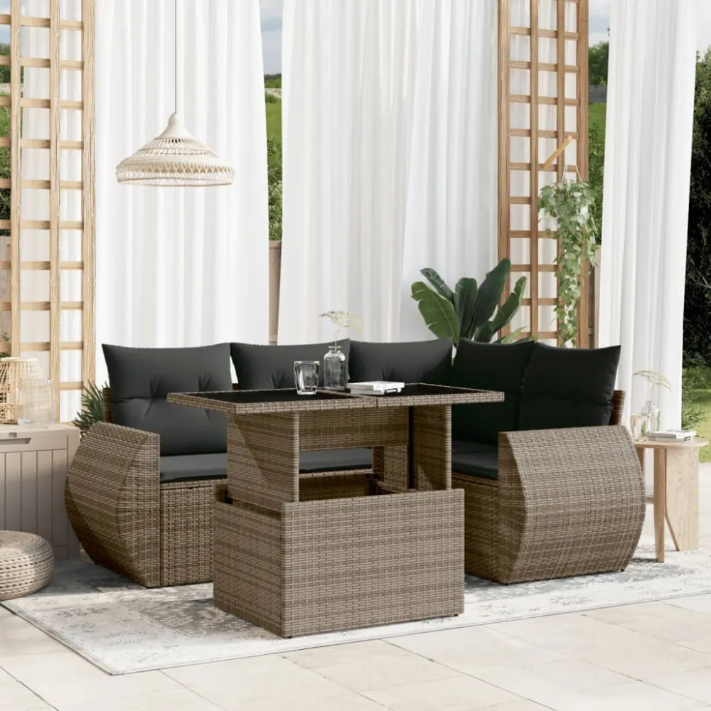 5-delige Loungeset met kussens poly rattan grijs vidaXL