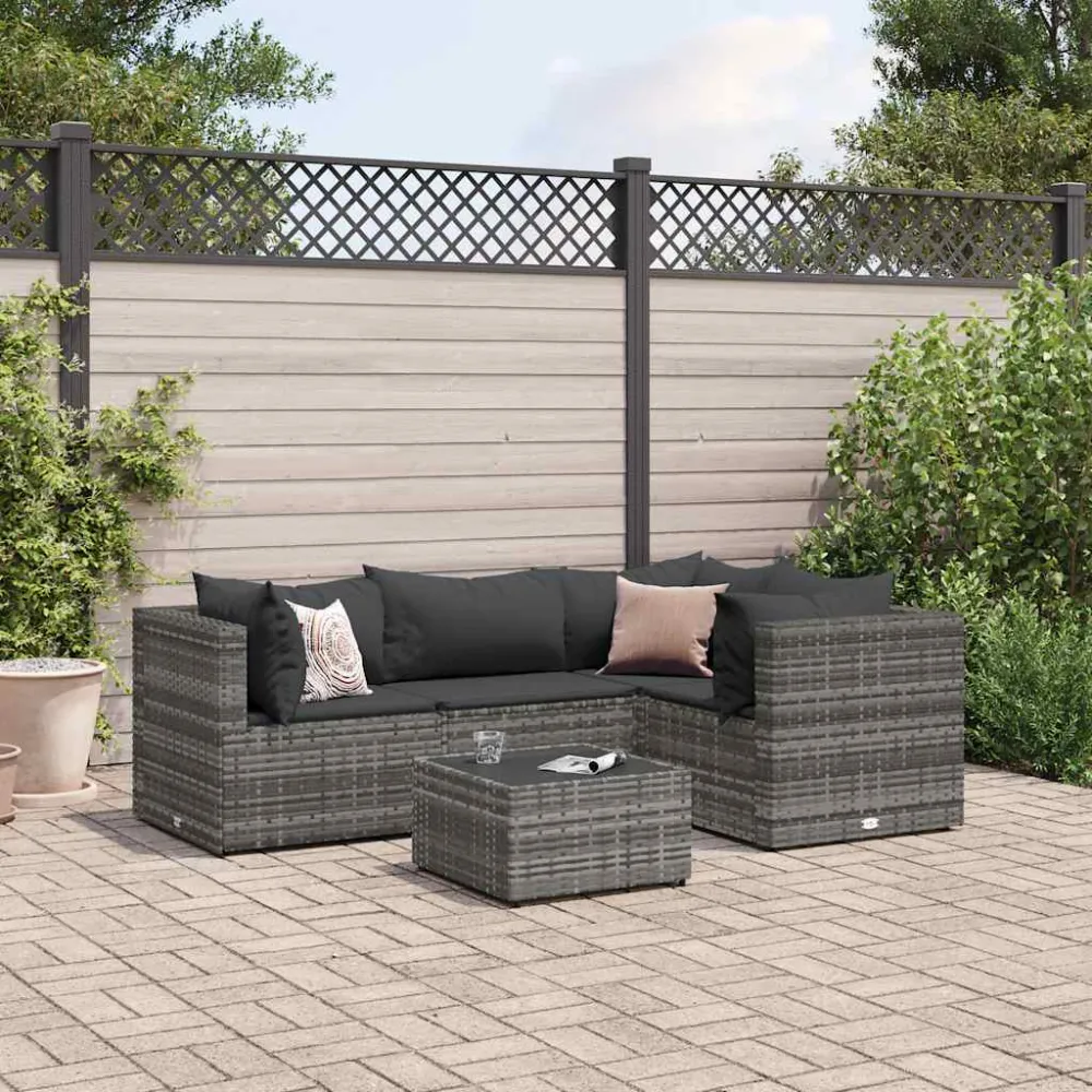 5-delige Loungeset met kussens poly rattan grijs vidaXL