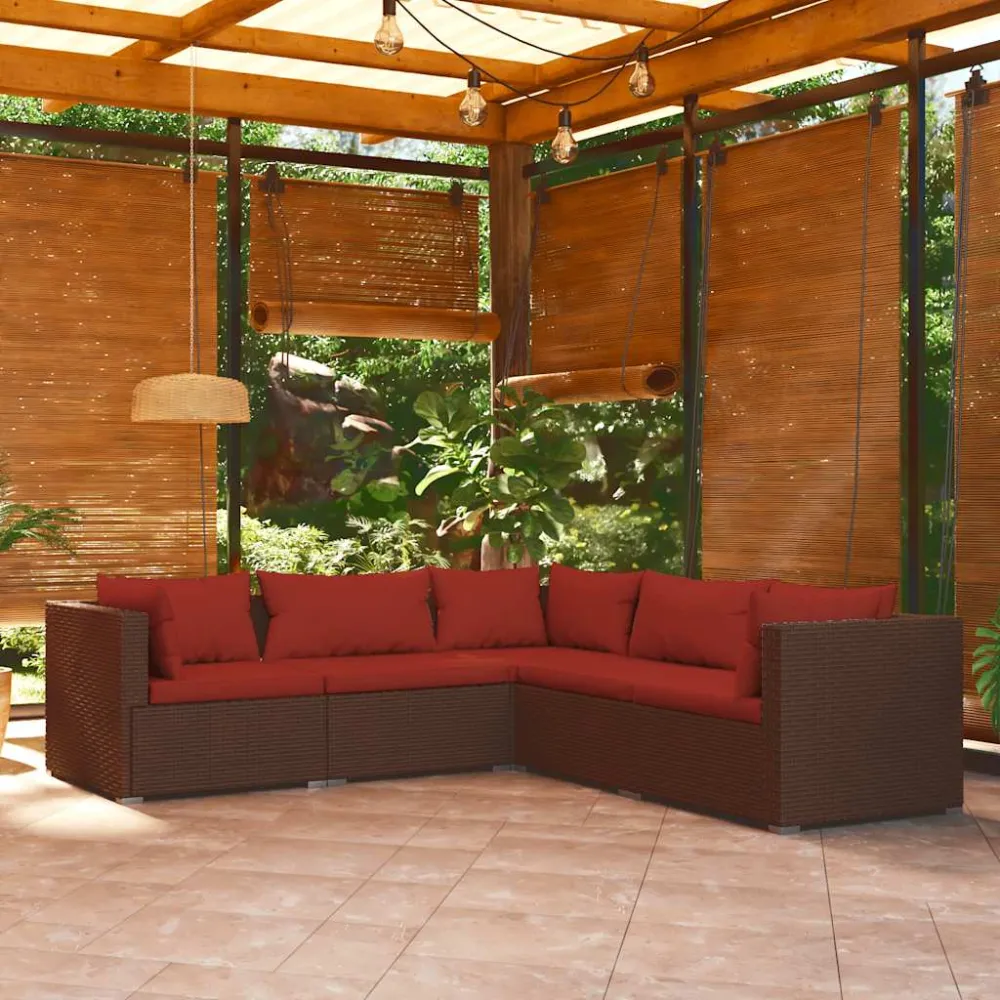 5-delige Loungeset met kussens poly rattan bruin vidaXL