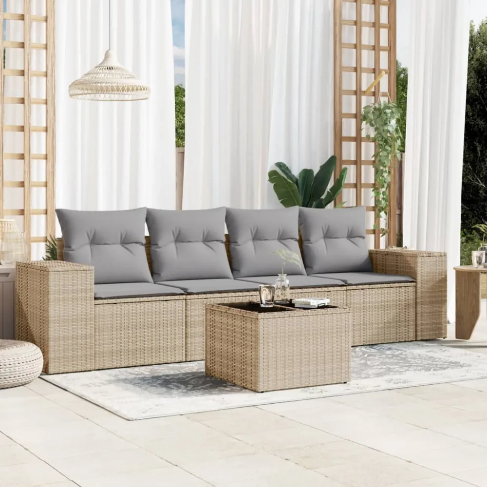 5-delige Loungeset met kussens poly rattan beige vidaXL