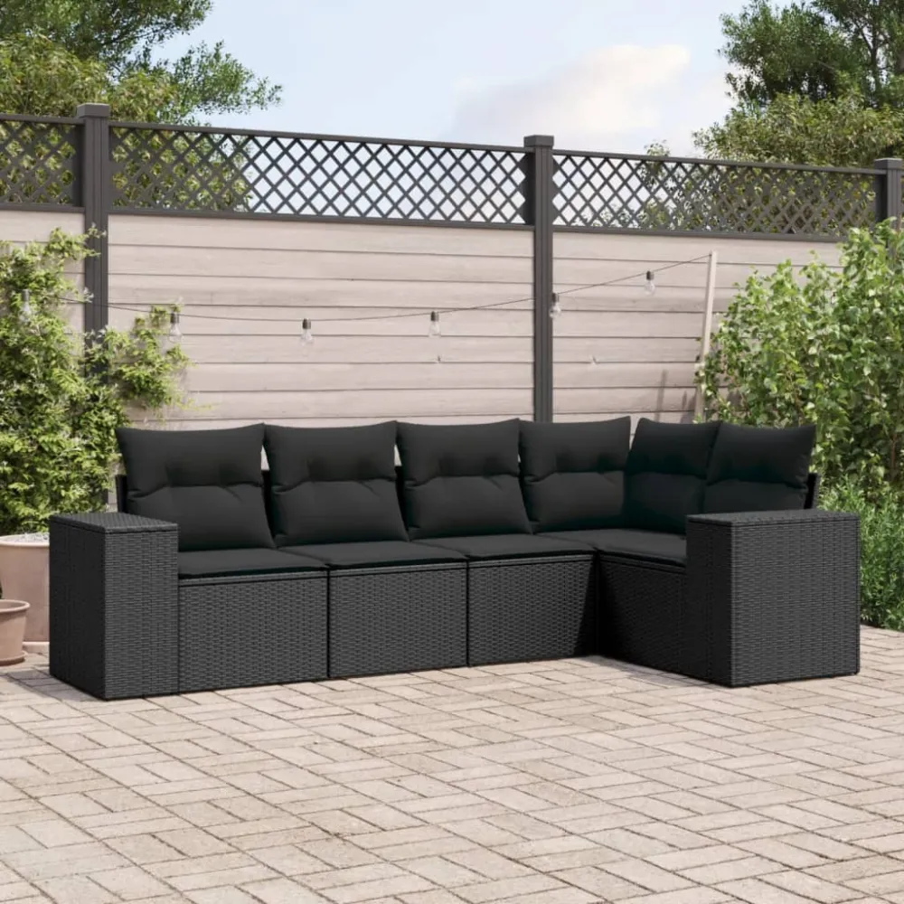 5-delige Loungeset met kussens poly rattan zwart vidaXL