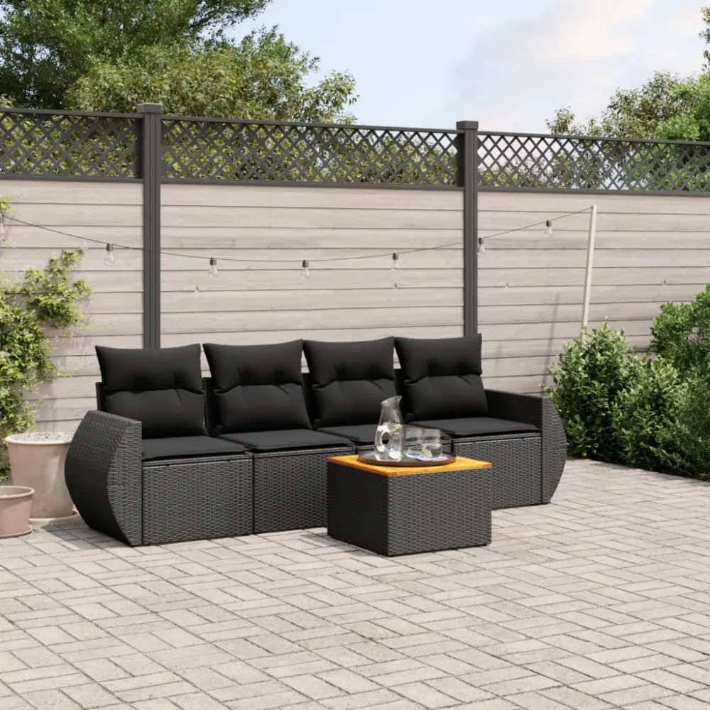 5-delige Loungeset met kussens poly rattan zwart vidaXL
