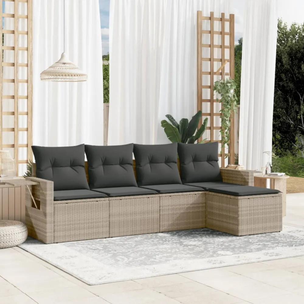 5-delige Loungeset met kussens poly rattan lichtgrijs vidaXL
