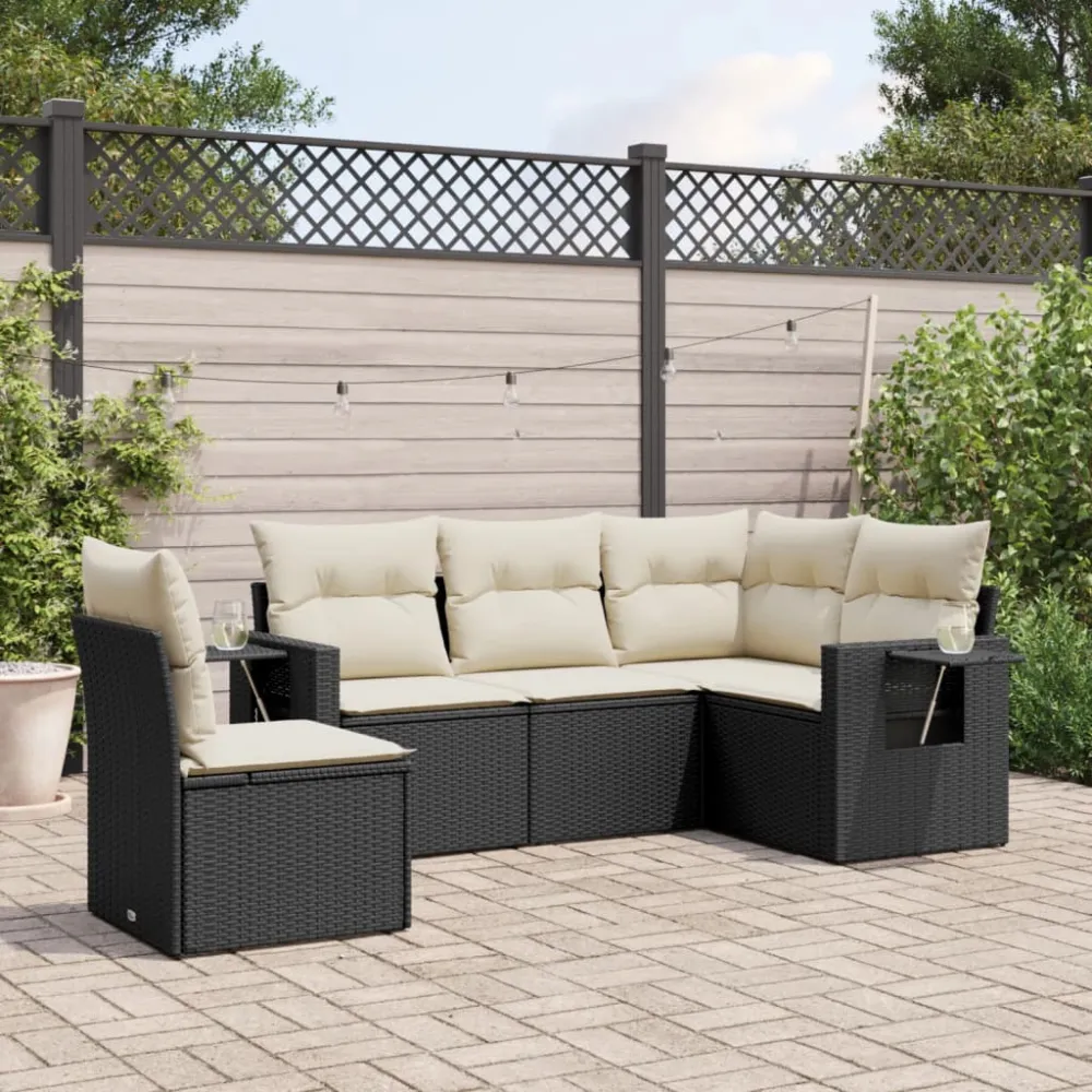 5-delige Loungeset met kussens poly rattan zwart vidaXL