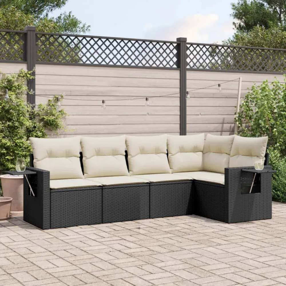 5-delige Loungeset met kussens poly rattan zwart vidaXL