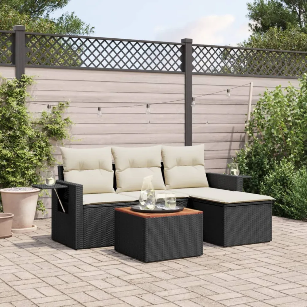 5-delige Loungeset met kussens poly rattan zwart vidaXL