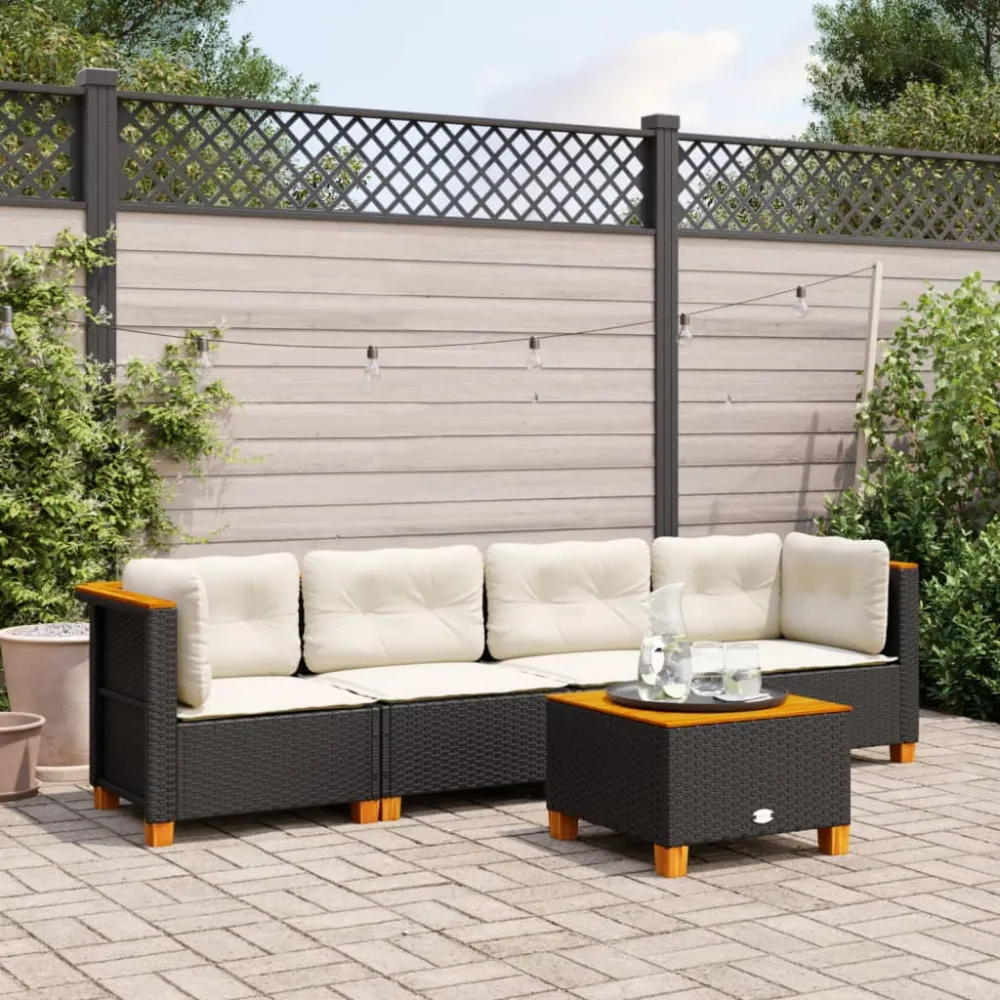 5-delige Loungeset met kussens poly rattan zwart vidaXL