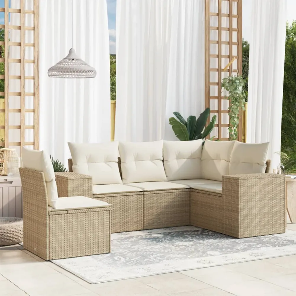 5-delige Loungeset met kussens poly rattan beige vidaXL