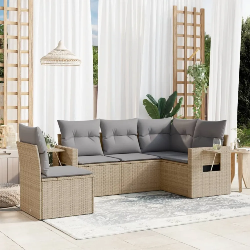 5-delige Loungeset met kussens poly rattan beige vidaXL