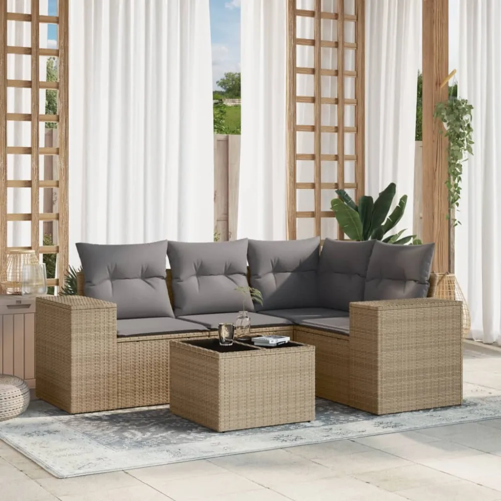 5-delige Loungeset met kussens poly rattan beige vidaXL