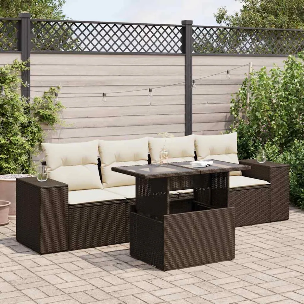 5-delige Loungeset met kussens poly rattan bruin vidaXL