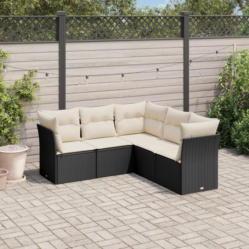 5-delige Loungeset met kussens poly rattan zwart vidaXL