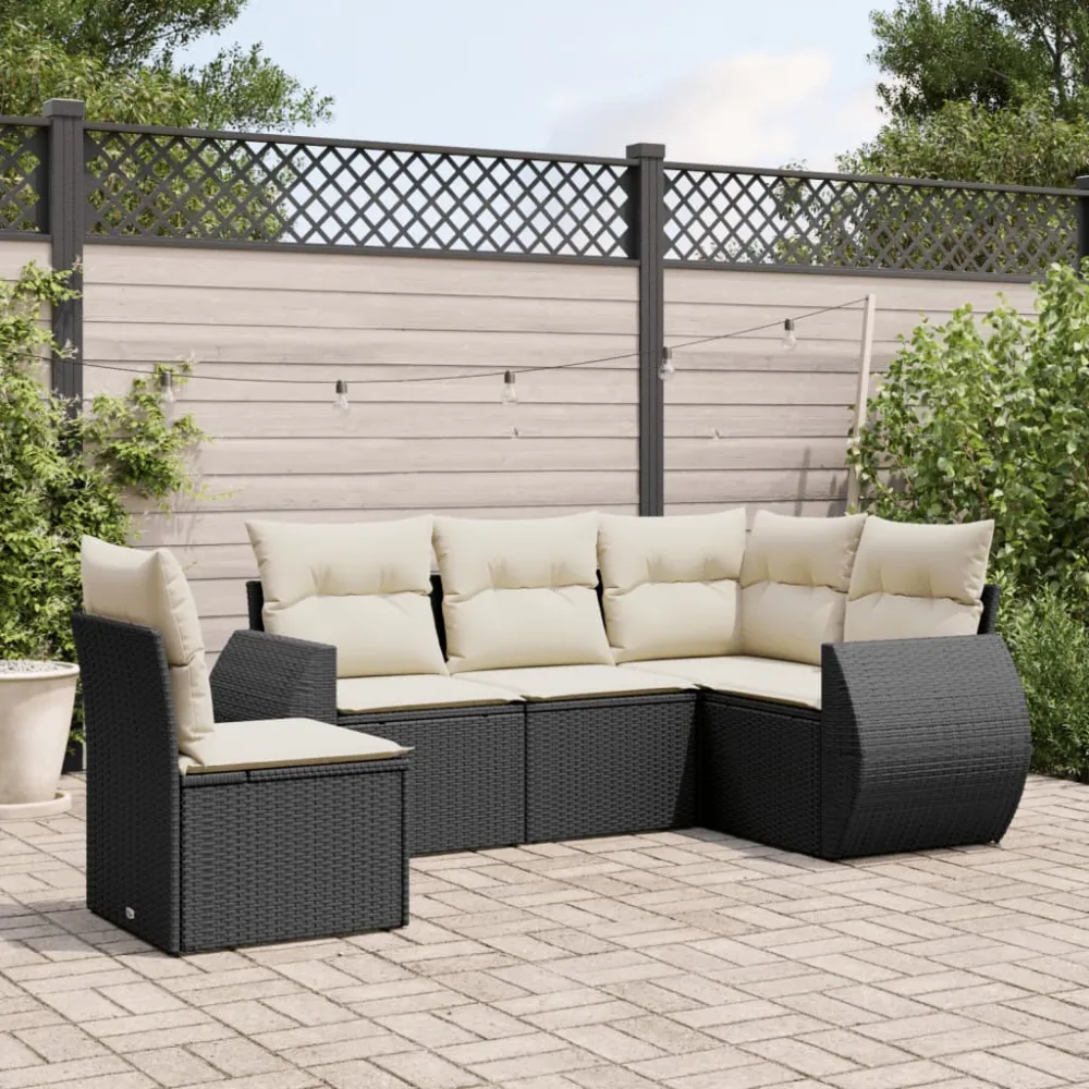 5-delige Loungeset met kussens poly rattan zwart vidaXL