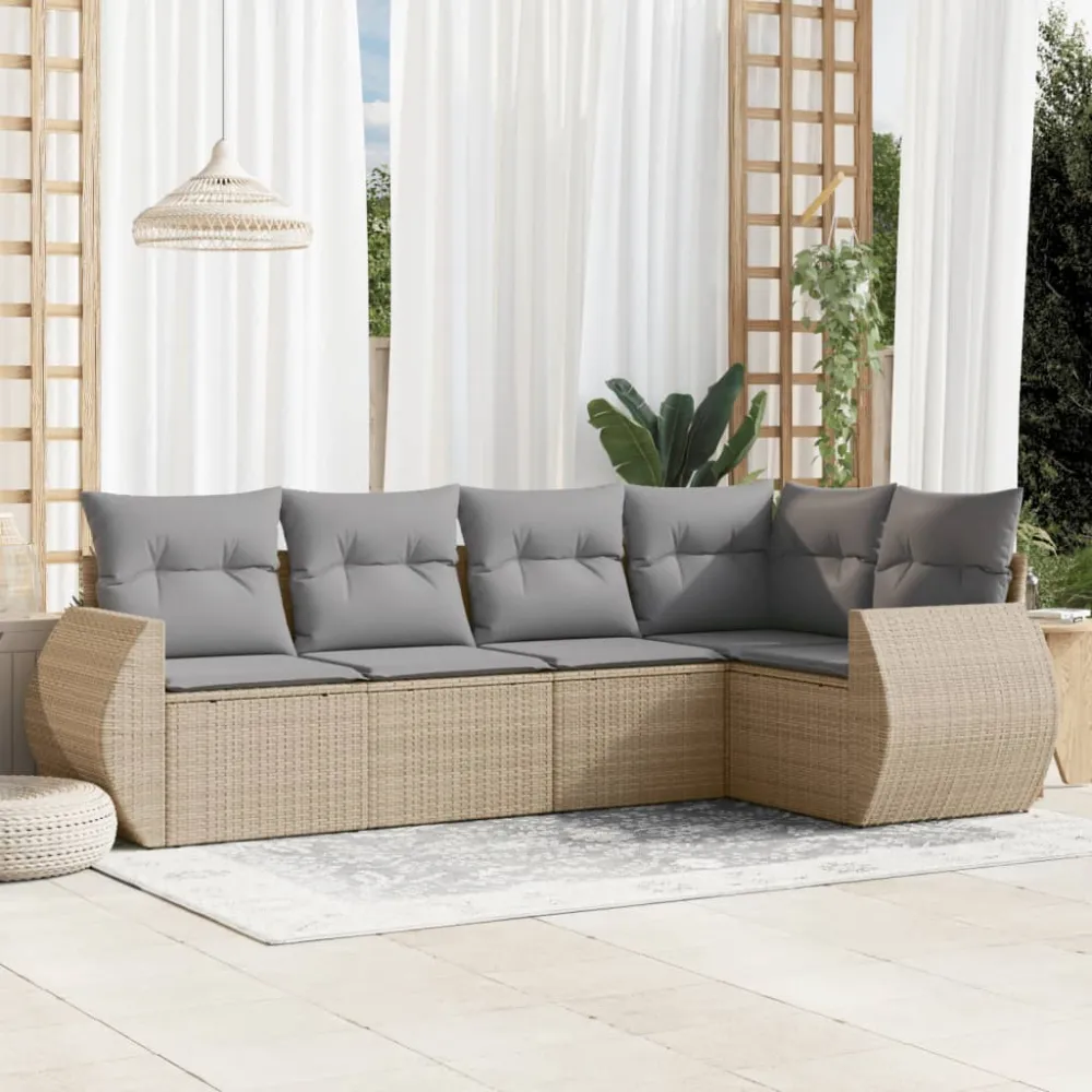 5-delige Loungeset met kussens poly rattan beige vidaXL
