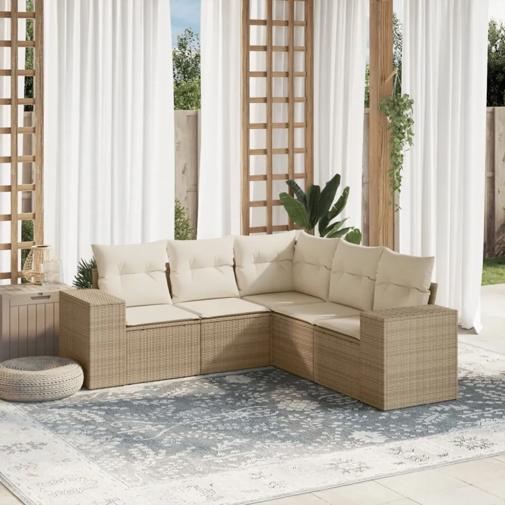 5-delige Loungeset met kussens poly rattan beige vidaXL