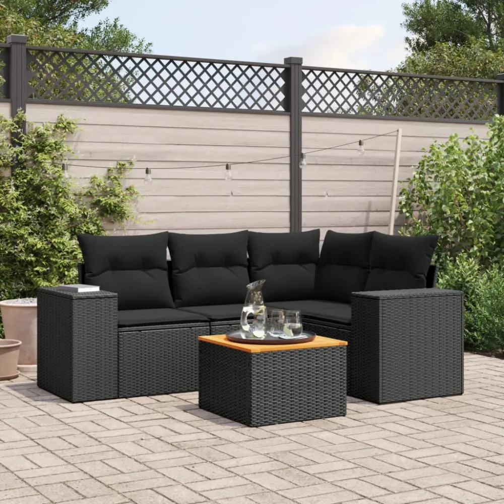 5-delige Loungeset met kussens poly rattan zwart vidaXL