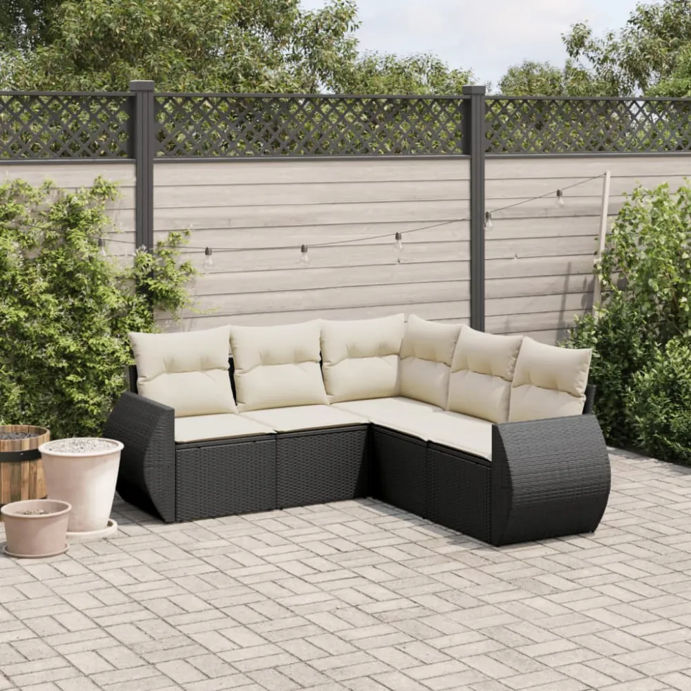 5-delige Loungeset met kussens poly rattan zwart vidaXL