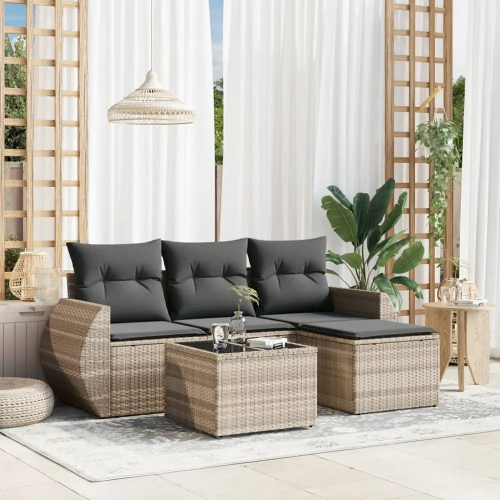 5-delige Loungeset met kussens poly rattan lichtgrijs vidaXL