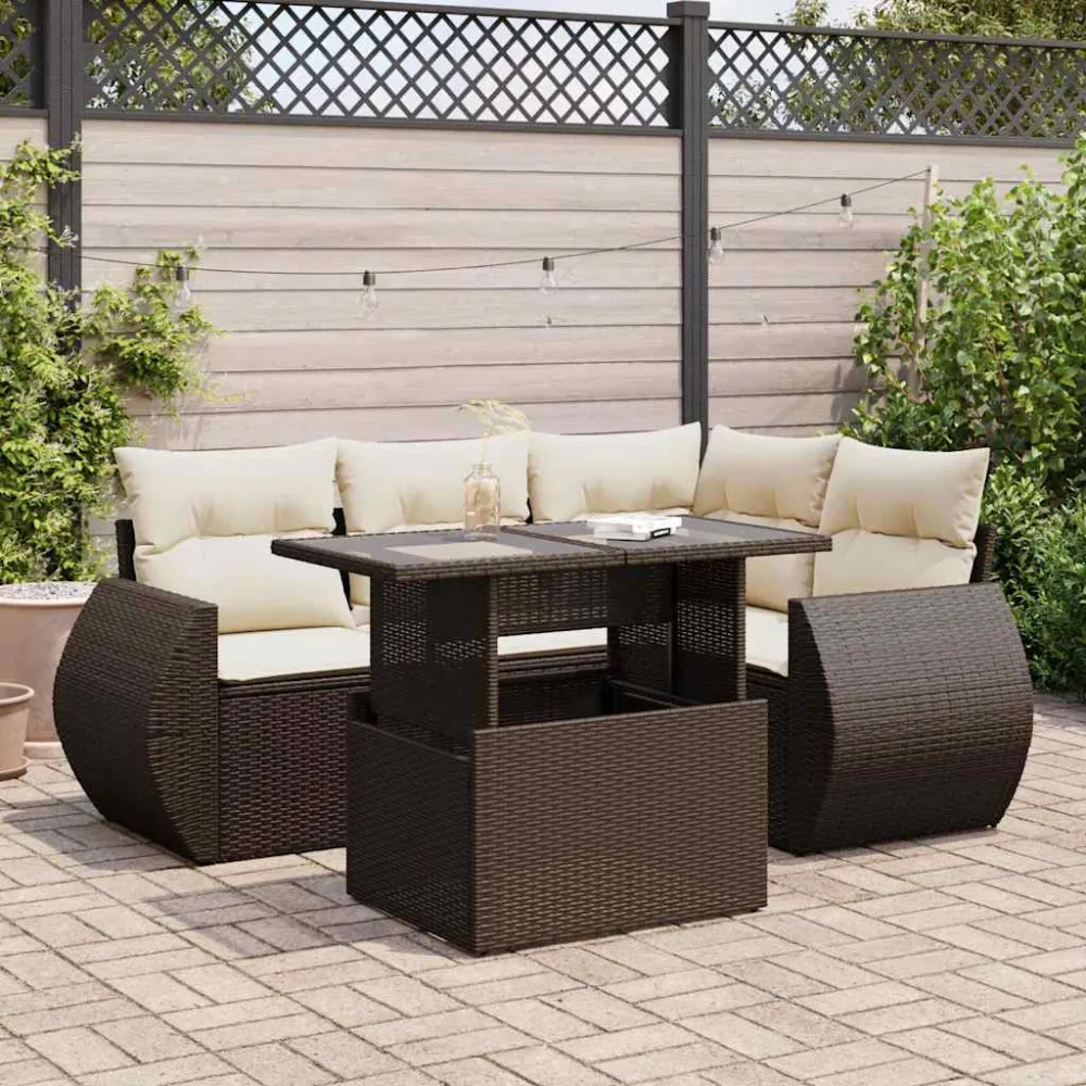 5-delige Loungeset met kussens poly rattan bruin vidaXL