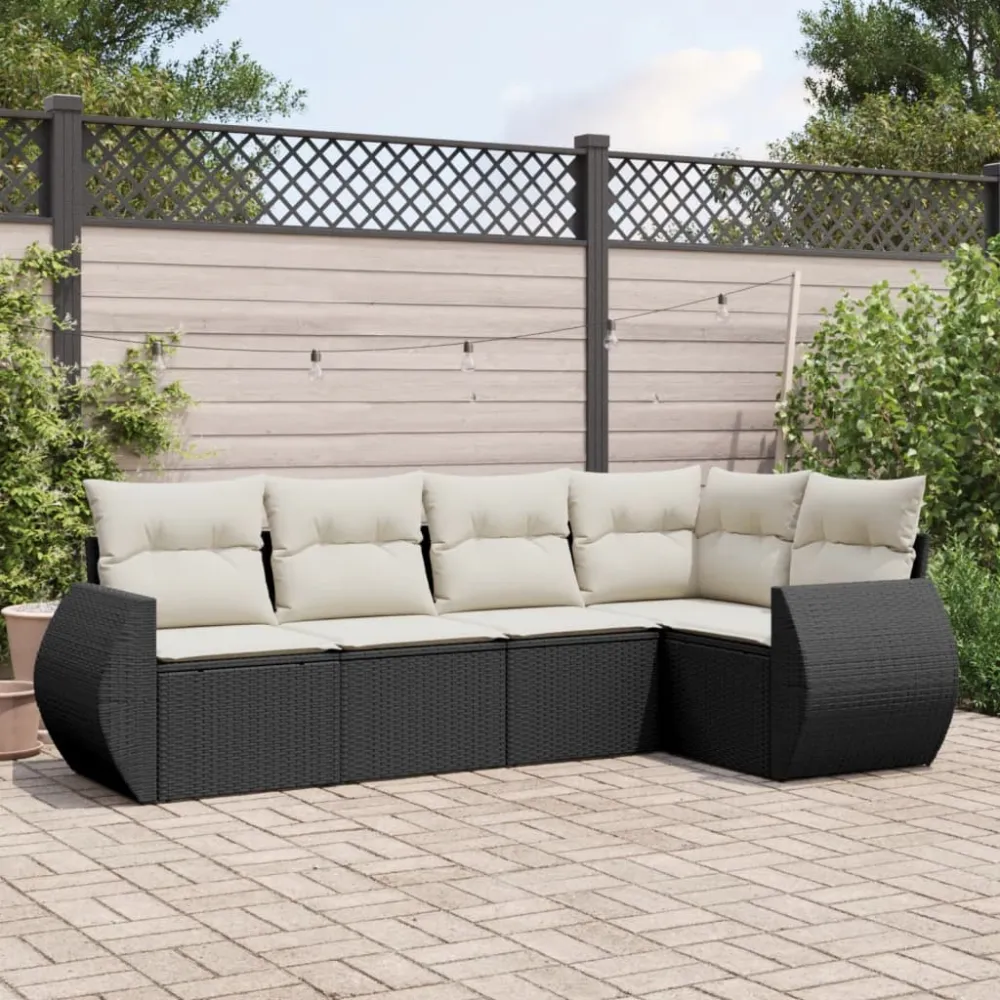 5-delige Loungeset met kussens poly rattan zwart vidaXL
