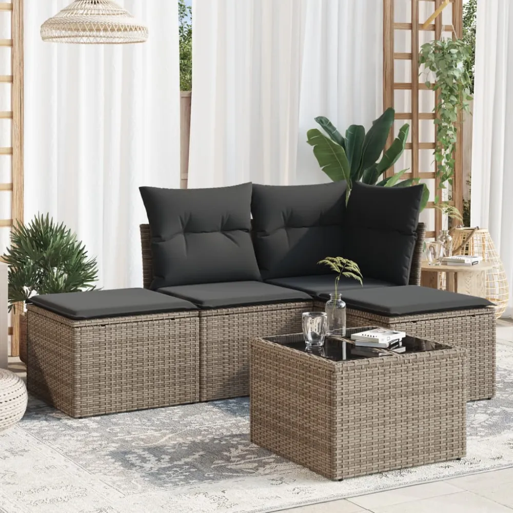 5-delige Loungeset met kussens poly rattan grijs vidaXL