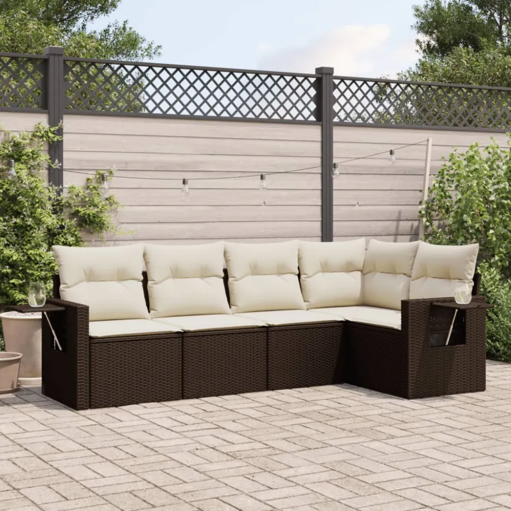 5-delige Loungeset met kussens poly rattan bruin vidaXL