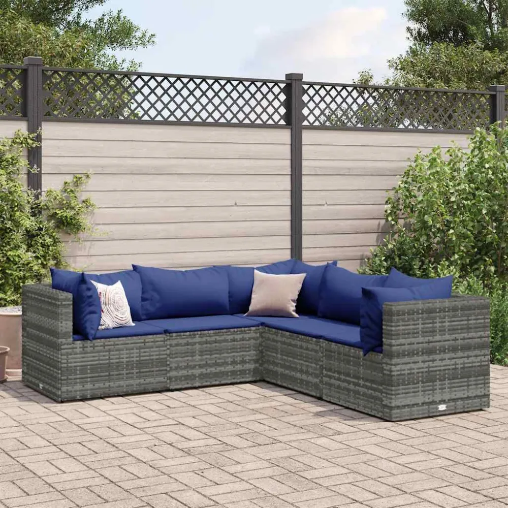 5-delige Loungeset met kussens poly rattan grijs vidaXL