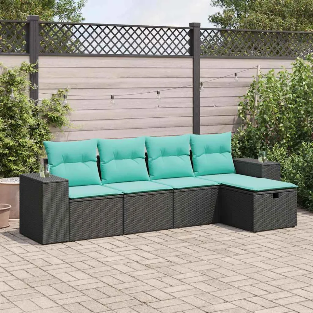5-delige Loungeset met kussens poly rattan zwart vidaXL