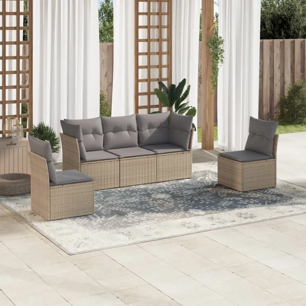 5-delige Loungeset met kussens poly rattan beige vidaXL