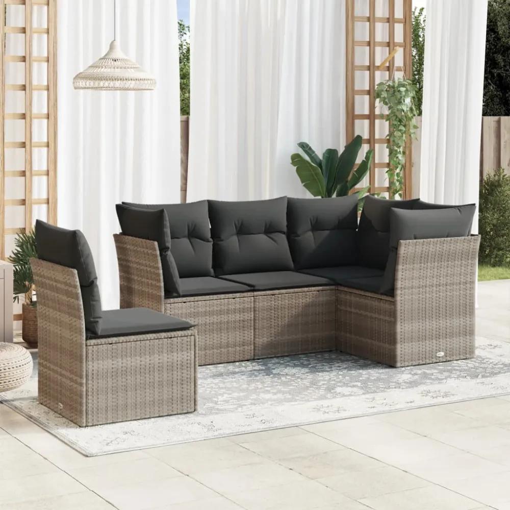 5-delige Loungeset met kussens poly rattan lichtgrijs vidaXL