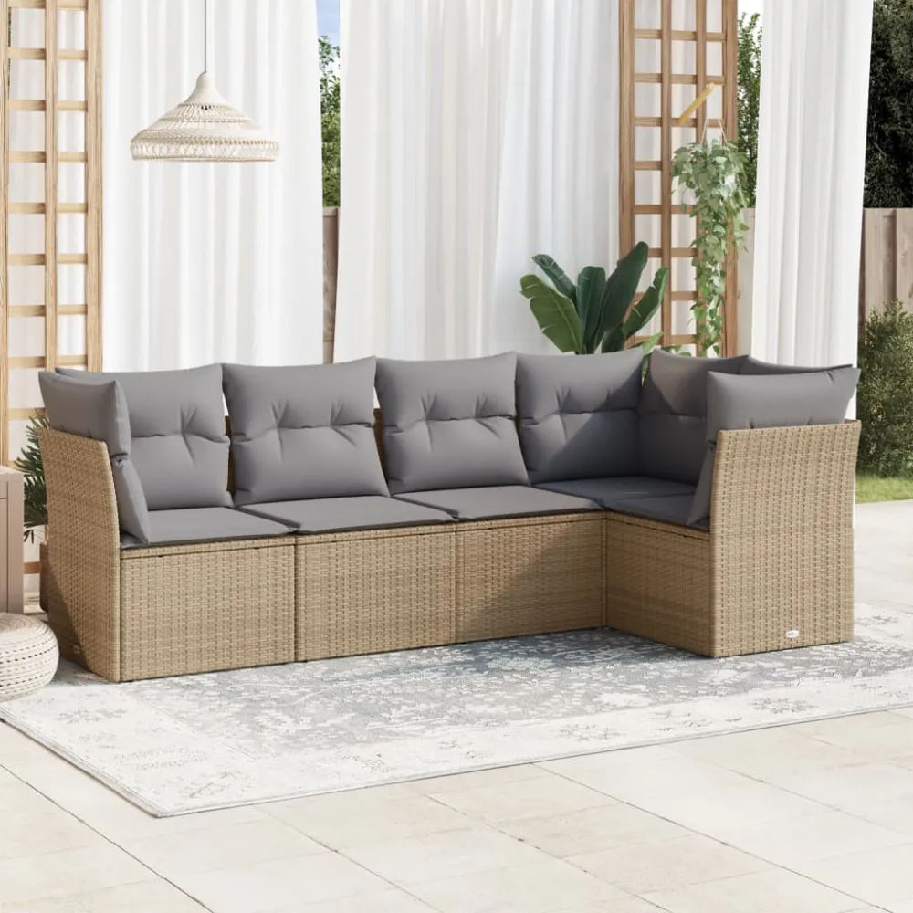 5-delige Loungeset met kussens poly rattan beige vidaXL