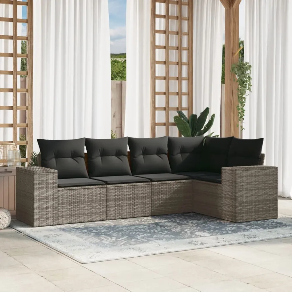 5-delige Loungeset met kussens poly rattan grijs vidaXL