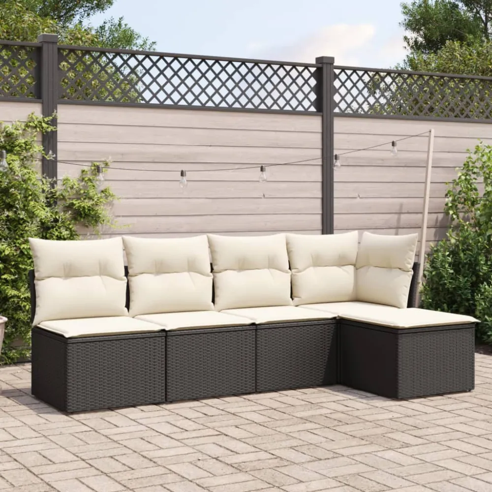 5-delige Loungeset met kussens poly rattan zwart vidaXL