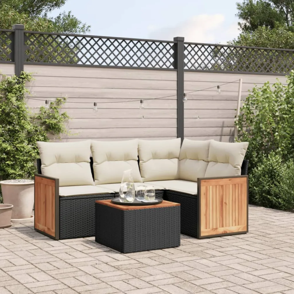 5-delige Loungeset met kussens poly rattan zwart vidaXL