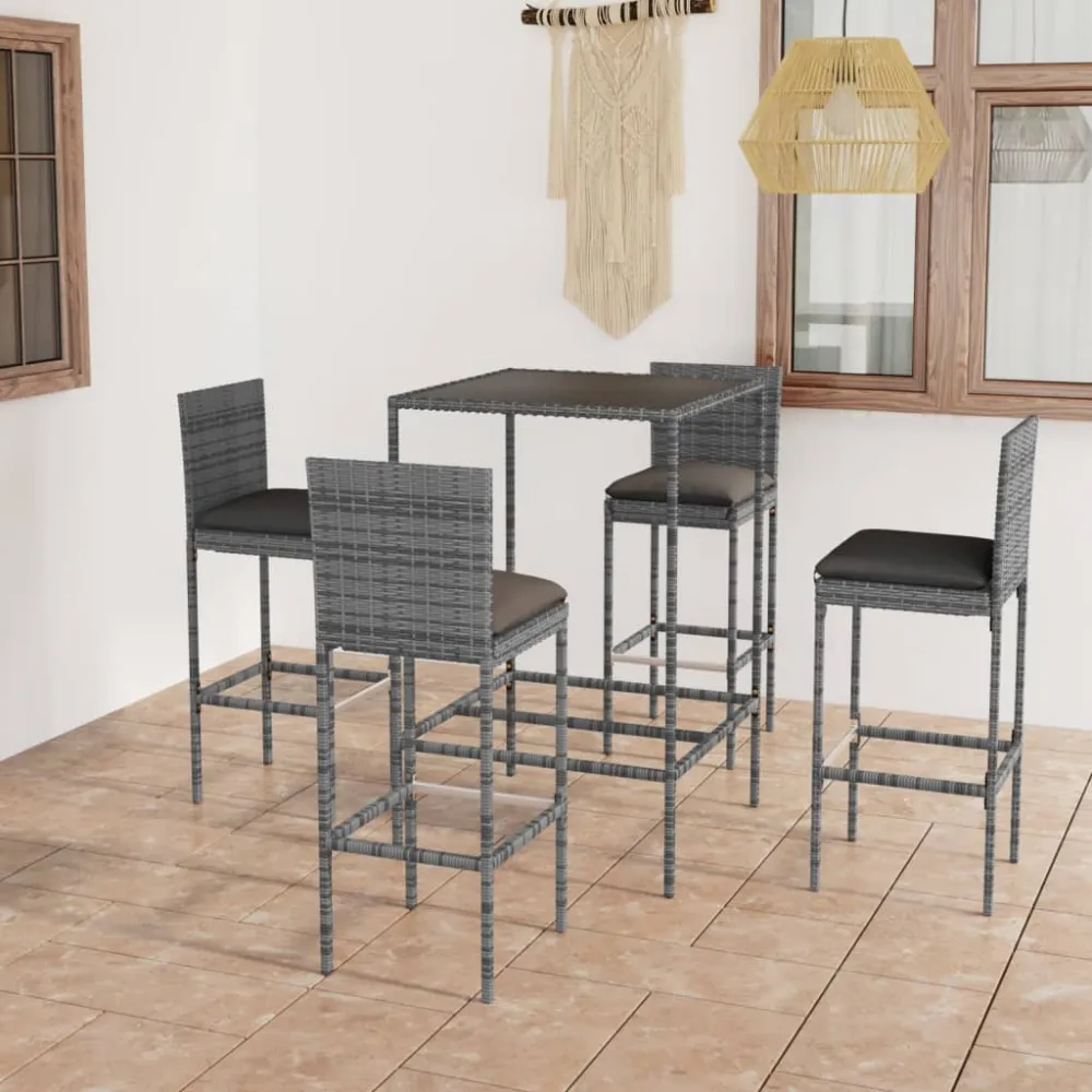 5-delige Tuinbarset met kussens poly rattan grijs vidaXL