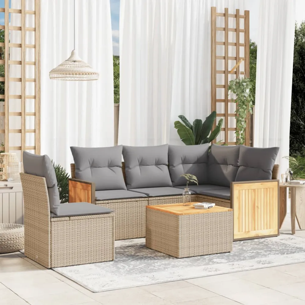 6-delige Loungeset met kussens poly rattan beige vidaXL